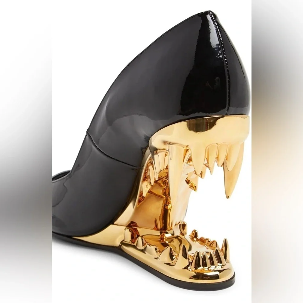 Women's Open Mouth Gold Fang Patent Leather Wedge Heels, Black 9